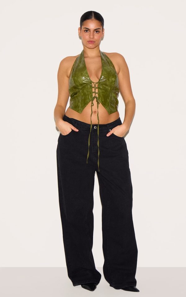 3ec634b57f49b1710a040b6e802d0d888a176943_CNL8702_3_plus_washed_olive_faux_leather_lace_up_plunge_halterneck_top
