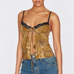 Tall Green Devore Lace Trim Strappy Long Top