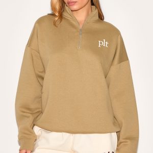 PRETTYLITTLETHING Olive Printed Quarter Zip Sweatshirt