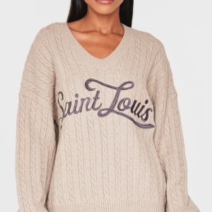 Mocha Cable Knit Embroidered V Neck Jumper