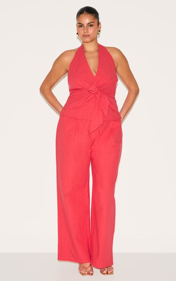 3ed79e6a39102dcd6216d6f6ebafe75ff0b983d2_CNM6579_3_plus_red_linen_twist_front_halter_neck_top