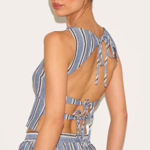 Tall Blue Linen Look Striped Open Back Sleeveless Top