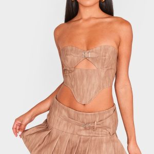 Brown Washed Faux Leather Buckle Detail Top