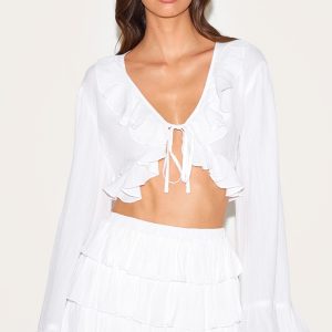 White Cheesecloth Ruffle Tie Front Long Sleeve Top