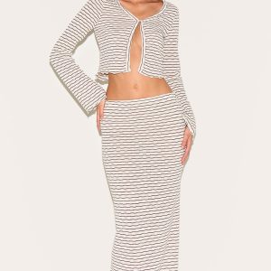 Chocolate Brown Textured Striped Mid Rise Maxi Skirt