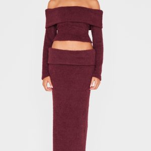 Burgundy Textured Soft Rib Fold Over Mid Rise Maxi Skirt