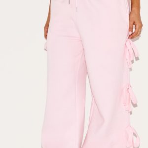 Petite Baby Pink Wide Leg Joggers With Bow Details