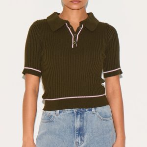 Petite Moss Green Knitted Polo Top