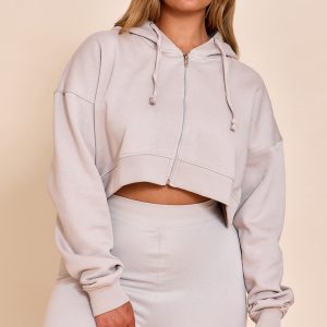 Shape Grey Marl Zip Front Long Sleeve Cropped Hoodie