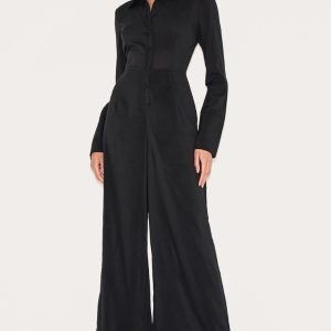 Black Chiffon Long Sleeve Cinched Wide Leg Jumpsuit