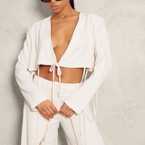 Cream Tailored Tie Front Cropped Blazer