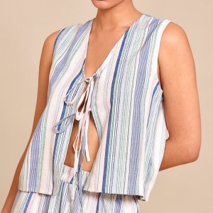 Pale Blue Linen Look Pinstripe Tie Front Waistcoat