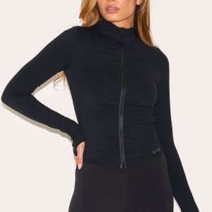 Black Brushed Sculpt Ruched Front Zip Up Sport Jacket