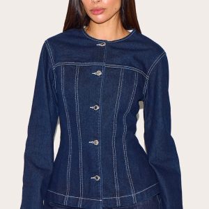 Indigo Round Neck Cinched Long Sleeve Denim Jacket