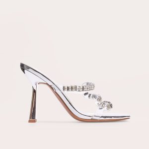 Silver PU Wide Fit Metallic Square Toe Diamante Strap Heeled Mules