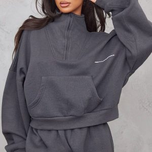 PRETTYLITTLETHING Petite Charcoal Oversized Half Zip Sweat