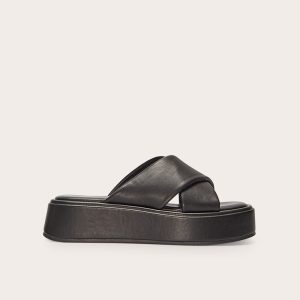 Black Pu Round Toe Cross Strap Flatform Sandals