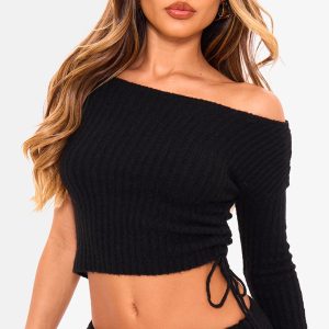Black Ribbed Knit One Sleeve Ruched Side Top