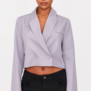 Grey Woven Cropped Shoulder Padded Blazer