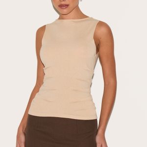 Light Beige Fine Knit High Neck Sleeveless Top