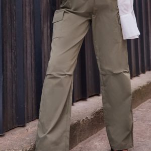 Khaki Elasticated Waist Straight Leg Cargo Pants