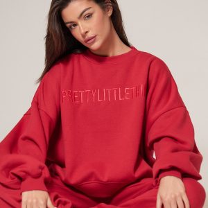 PRETTYLITTLETHING Red Boxy Embroidered Sweatshirt