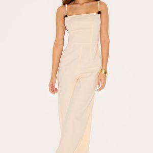 Natural Linen Blend Straight Neck Bead Detail Jumpsuit