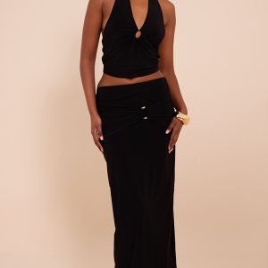 Black Ruched Detail Flowy Maxi Skirt