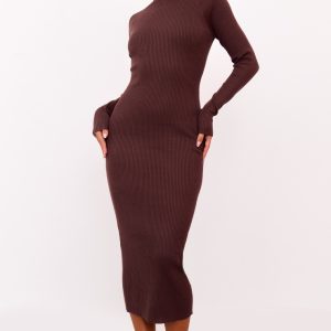 Chocolate Turtle Neck Knitted Bodycon Maxi Dress