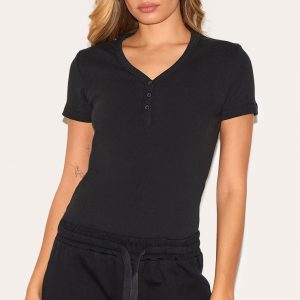 Black Premium Interlock Button Down Short Sleeve Bodysuit