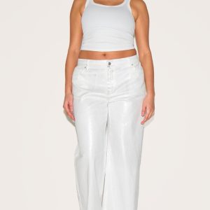 Plus White Silver Foil Effect Wide Leg Jeans