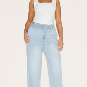 Shape Light Blue Stretch Denim Highwaisted Belted Wide Leg Jeans