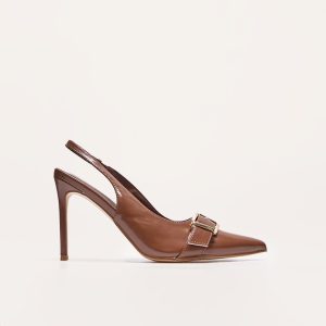 Brown PU Wide Fit Buckle Detail Stiletto High Heel Sling Back Court Heels
