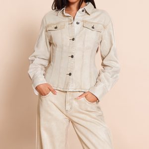 Washed Stone Long Sleeve Cinch Waist Denim Jacket