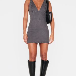 Washed Grey Plunge Corset Style Denim Mini Dress