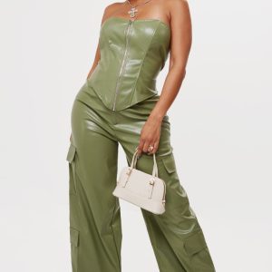Shape Olive Faux Leather Straight Leg Cargo Trousers