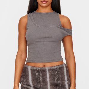 Dark Grey Ribbed Asymmetric Vest Top