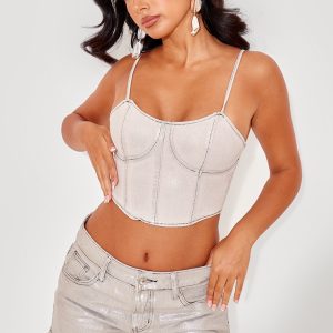 Petite Silver Metallic Denim Corset Top