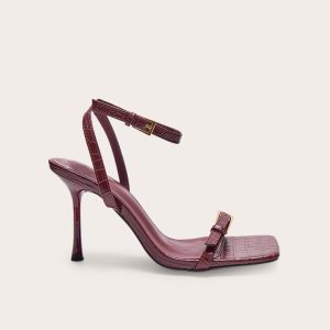 Burgundy PU Square Toe Double Buckle High Stiletto Heeled Sandals