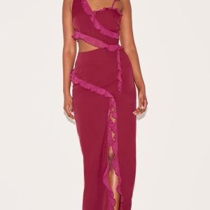 Wine Chiffon Frill Cut Out Maxi Dress