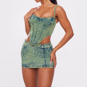 Green Tint Vintage Wash Curved Hem Denim Corset Top