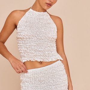 Petite White Open Back Textured Shirred Top