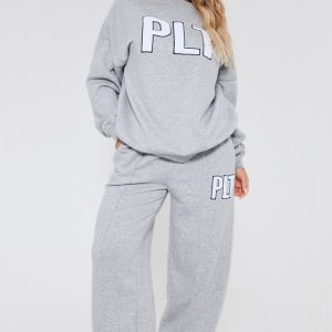 PRETTYLITTLETHING Ash Grey Borg Applique Wide Leg Joggers