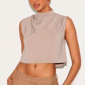 Mushroom Woven Pleated Boxy Top