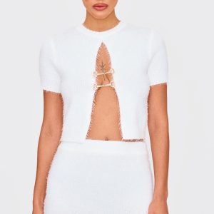 White Fluffy Knit Embellished Top