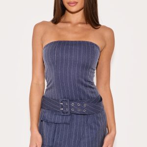 Navy Pinstripe Bandeau Belted Pocket Detail Shift Dress