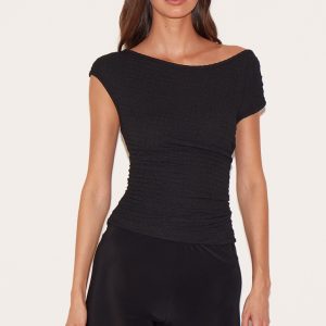 Black Textured Asymmetric Ruched Detail Long Top