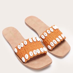 Orange Round Toe Stitch Detail Shell Strap Mule Sandals