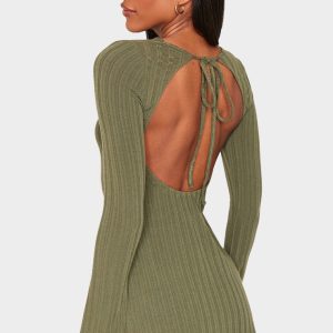 Khaki Rib Tie Cut Out Back Bodycon Dress