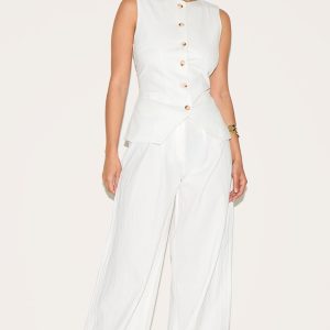 White Linen Look Wide Leg Pleated Trousers
